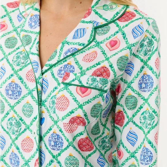 Roller Rabbit 2025 Ornament Trellis Long Sleeve Polo Pajamas - Picture 2 of 6